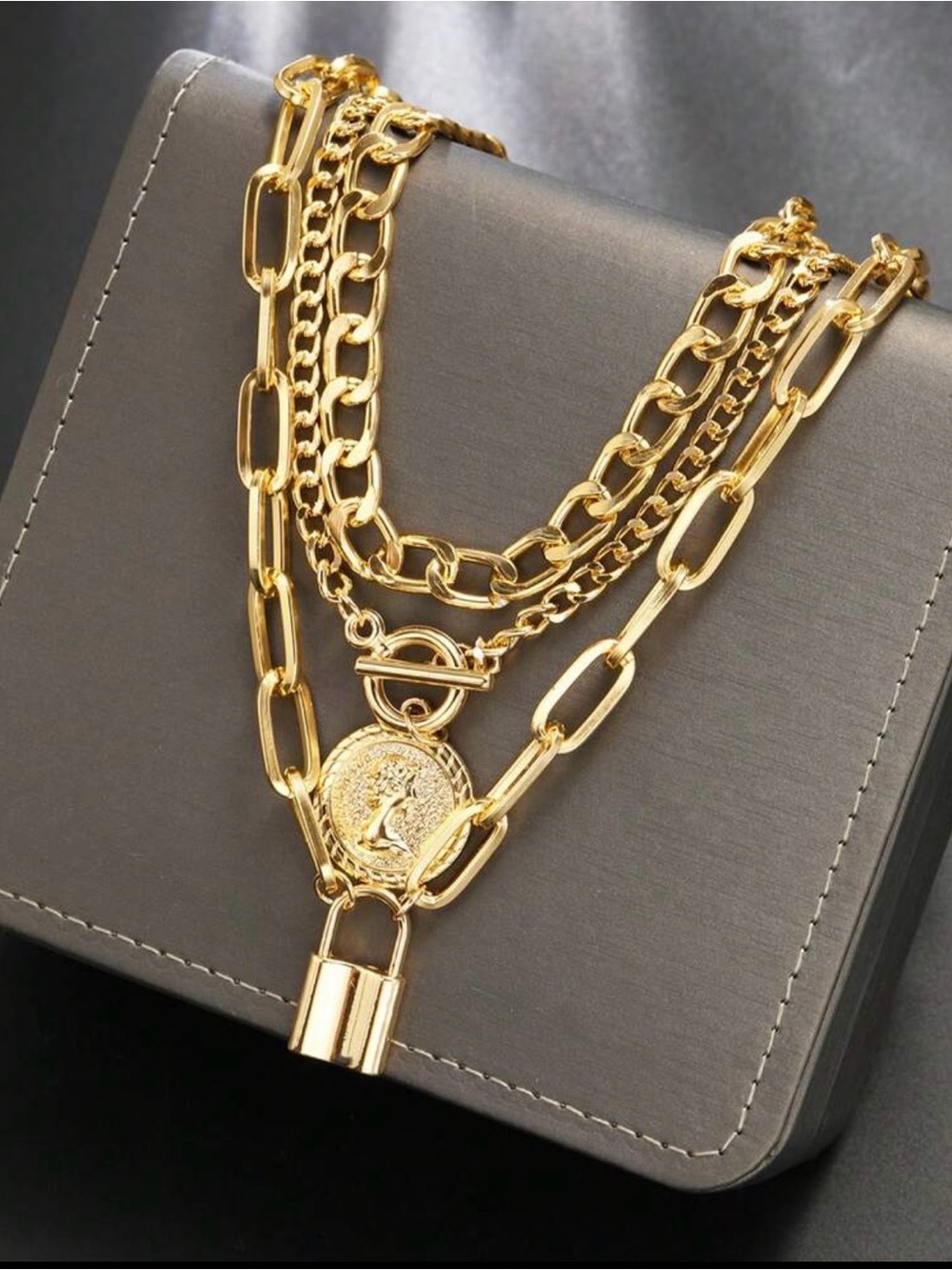 Layered Gold-Tone Coin & Padlock Necklace in Deep Red